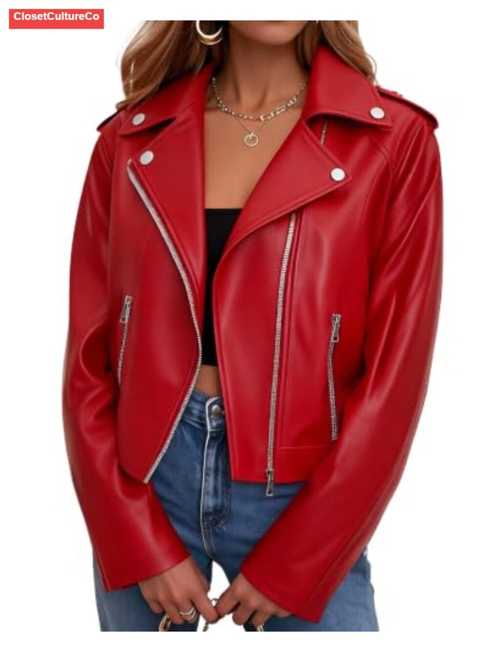 Faux Leather Cropped Moto Biker Jacket Asymmetrical Zip Women's